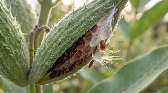Close up of an open milkweed pod showing brown seeds and white silky hairs in a garden