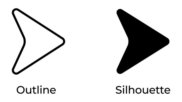 Arrow Icon Comparison: An illustration comparing an outline arrow icon and a solid silhouette arrow icon, representing direction or selection.