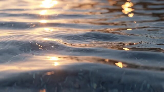 Macro close-up video of gentle liquid water ripples reflecting warm golden sunlight with soft glitter bokeh during sunset.
