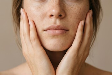 Fototapeta premium Close up of freckled skin woman touching her face for beauty treatment, natural freckled skin texture with pigmentation and sun spots, skincare concept for freckled skin care.
