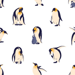 Fototapeta premium Seamless background with penguins. Repeatable pattern of cute polar birds with their babies. North Pole nature wallpaper design. Paper wrap texture with winter animals. Emperor penguins vector print
