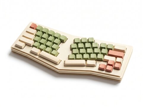 Ergonomic split keyboard with green and coral keycaps on white background. Custom mechanical keyboard for comfortable typing. Modern remote work and office ergonomics concept.
