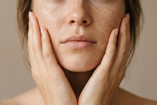 Close up of freckled skin woman touching her face for beauty treatment, natural freckled skin texture with pigmentation and sun spots, skincare concept for freckled skin care.