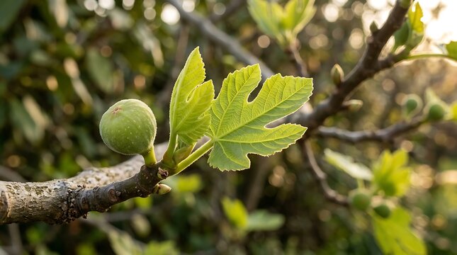 Fresh green fig fruit growing on a leafy tree branch in a sunny orchard garden