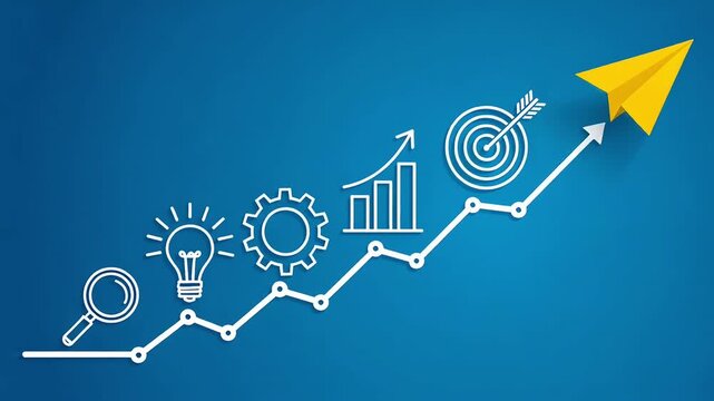Business growth strategy concept with rising chart, target, innovation and upward arrow