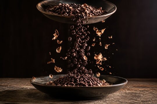 Cocoa shells being winnowed from cracked nibs