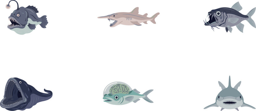 Deep Sea Fish and Ocean Creatures Vector Set Featuring Anglerfish, Goblin Shark, Viperfish, Gulper Eel, Barreleye, and Great White Shark,