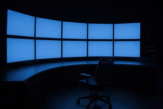Row of blank screens glowing in a dark control room