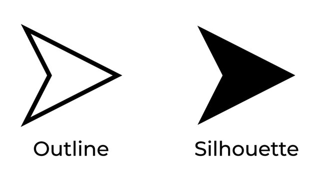 Arrow Symbol Contrast: A clear illustration showcasing the contrast between a hollow outline arrow and a solid black silhouette arrow, highlighting distinct graphic styles.