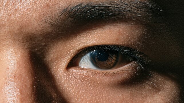 Close-up of human eye showing detailed texture of skin eyebrow eyelash and brown iris with reflection in natural light