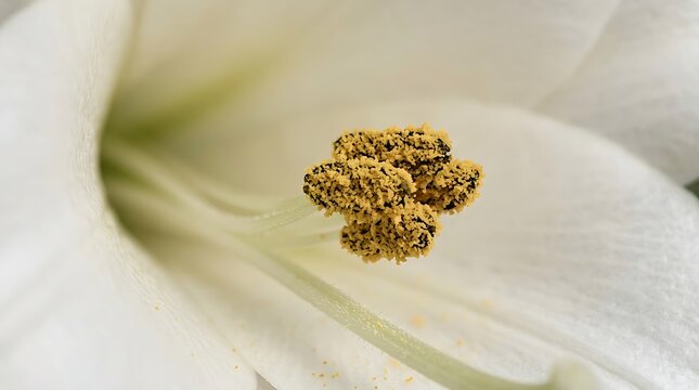 Macro closeup shot of a white lily flower stamen with yellow pollen dust
