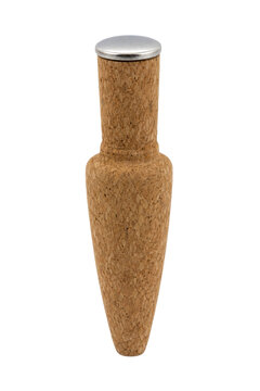 Single cork wine stopper with a silver metal top stands upright on a clean white background