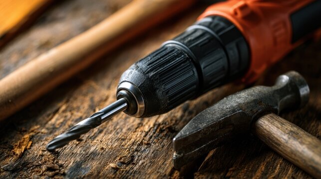 Close-up of orange cordless drill with metal drill bit and hammer on rough wooden surface tool for construction and woodworking project