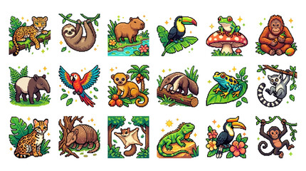 Naklejka premium Set of cute cartoon tropical rainforest animals and exotic wildlife icons collection.