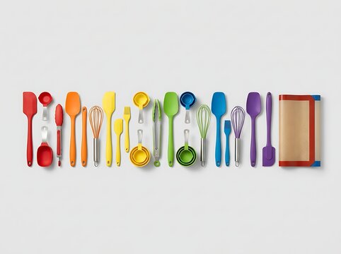 Colorful set of kitchen baking tools and silicone utensils arranged in a row. rainbow kitchen essentials