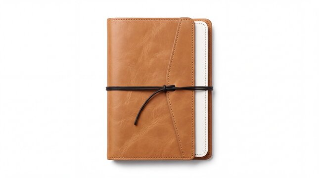 Realistic 3D illustration of a brown leather folio notebook, premium executive diary
