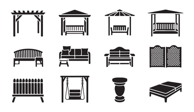Black silhouette set of outdoor furniture gazebo and garden benches for landscape and patio decor projects.
