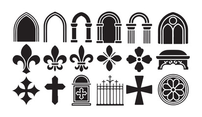 Gothic architecture icons set featuring black medieval church windows crosses gate fleur de lis silhouettes. © Bristy