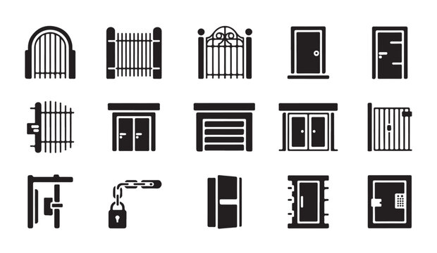 Collection of black door and gate icons for various access and security points.