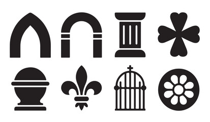 Architectural design elements and heraldic symbols including arches pillars fleur de lis and floral motifs. © Bristy