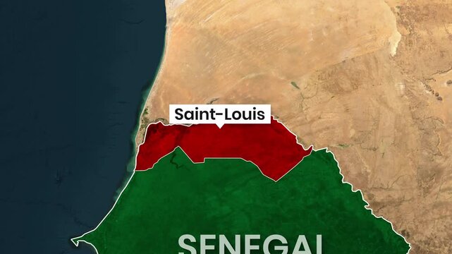 Animated map clip highlights Senegal and the Saint-Louis region motion graphics