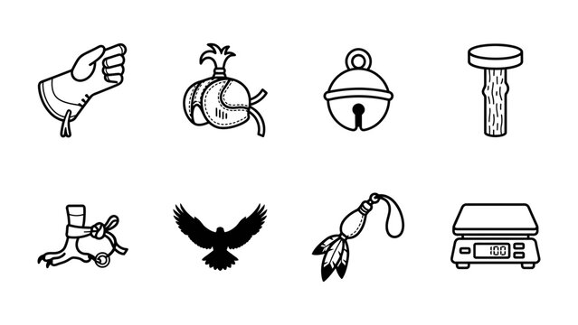 Falconry Tools and Icons: A collection of black and white line art icons depicting essential falconry equipment, including a glove, lure, jesses, and a bell, alongside a falcon silhouette and a scale.