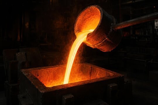 Glowing molten pour ladled into an open casting mould