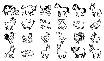 Naklejka premium Farm Animal Icon Collection with Cow Horse Goat Sheep Pig Chicken and Duck Line Art Vector Illustration Set