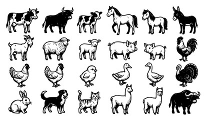 Naklejka premium Farm Animal Set with Cow Horse Goat Sheep Pig Chicken Duck and Buffalo Black and White Vector Illustration