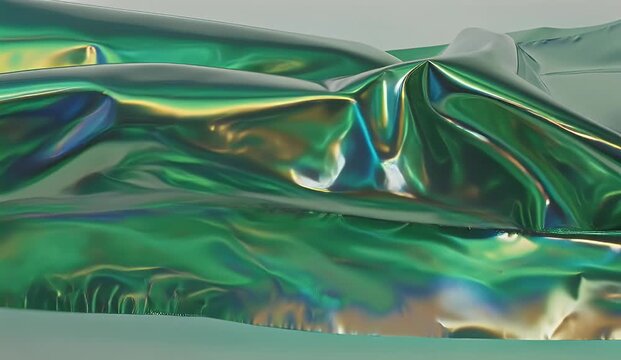 Emerald green holographic iridescent texture with metallic folds