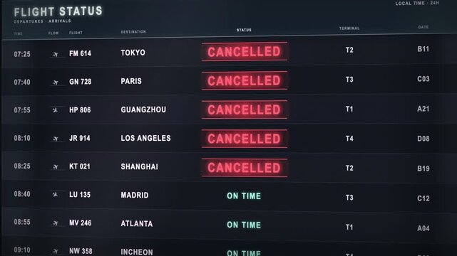 Animated airport flight status board with cancellations