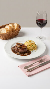 Filet Mignon with Foie Gras and Black Truffles in a red wine sauce, served with pasta in a butter sauce