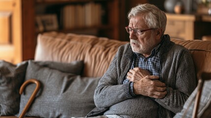 Fototapeta premium Elderly man experiencing chest pain in cozy living room clutching heart in discomfort and possible heart attack symptoms with walking cane nearby