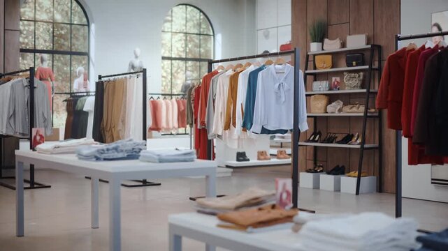 Clothing Store Shopping: Interior Designed in a Contemporary Boutique Style, With Organized Garment Racks, Mannequin Presentations, Accessory Shelving and Refined Visual Merchandising in Spacious Shop