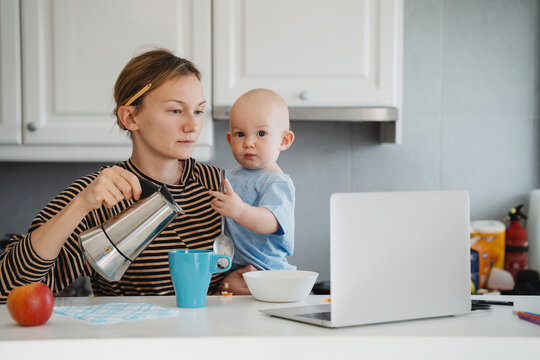 Mother balancing between work and baby on sick or maternity leave.