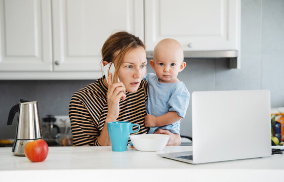 Mother balancing between work and baby on sick or maternity leave.