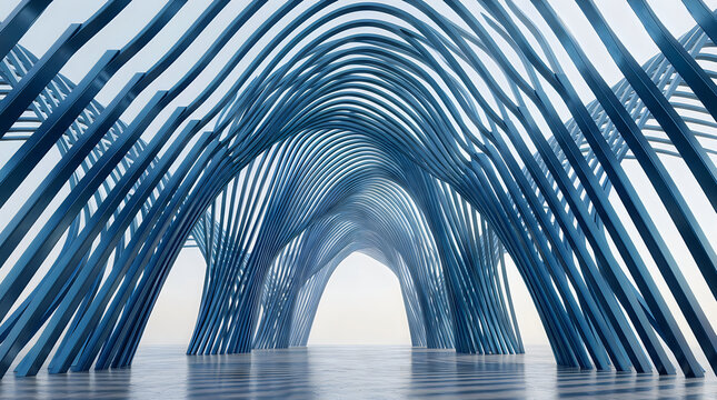 Abstract architectural structure with repetitive blue arches creating a futuristic tunnel perspective in a bright modern space