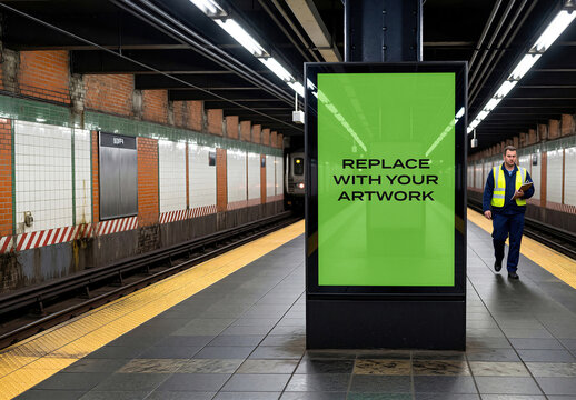 Vertical digital poster mockup displayed on a subway station platform, realistic advertising display in an urban transit environment with worker walking past, public transportation setting, template