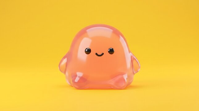 Hyper-minimalist generative AI 3D render of a cute jelly blob monster with a simple happy expression, glossy translucent texture, soft studio lighting, and yellow background.