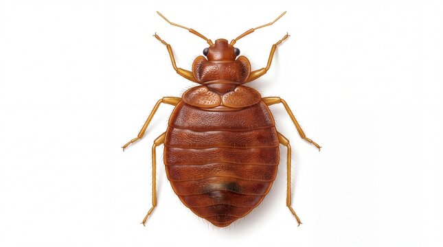 Detailed bed bug macro illustration displaying brown segmented body and long thin legs on white background