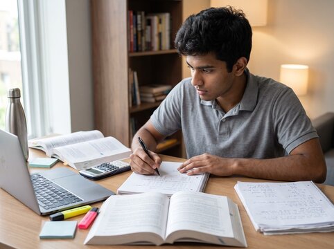 Indian Student Preparing for Competitive Exam at Study Desk