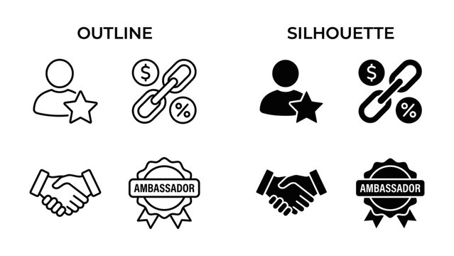 Ambassador Program Icons: A set of four icons illustrating concepts related to an ambassador program, featuring an outline and silhouette style for each element: profile with star.