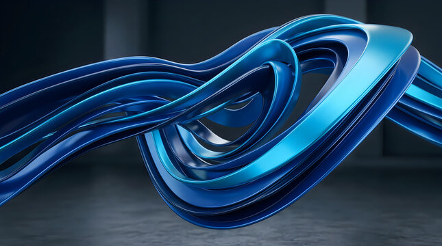 Abstract 3d background featuring flowing blue metallic ribbons with a glossy finish and dark cinematic lighting