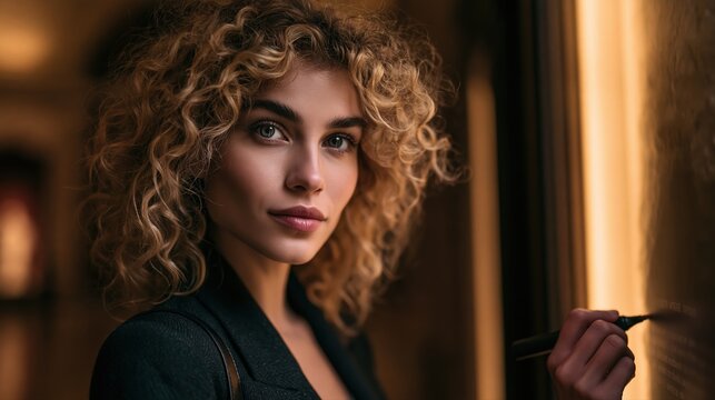 portrait of a woman with curly blond hair