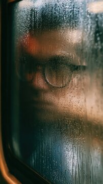 Person wearing glasses looking through a rain-streaked train window