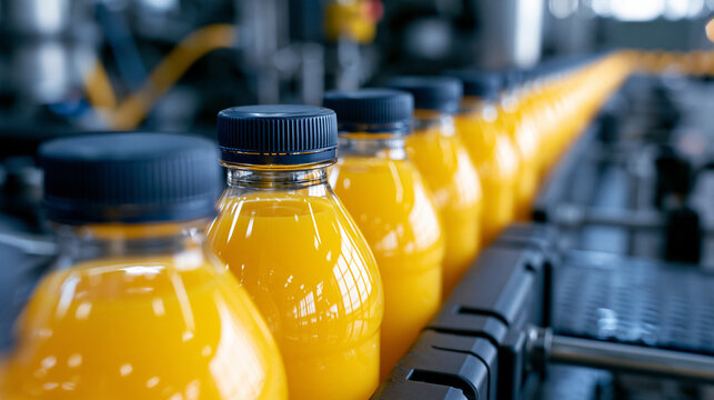 Orange juice bottles moving along a conveyor belt in a modern food manufacturing factory. Perfect for industrial production and beverage industry concepts.
