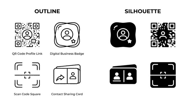 QR Code and Contact Icons Set: A collection of digital icons including QR code, profile link, digital business badge, scan code square, and contact sharing card in both outline and silhouette styles.