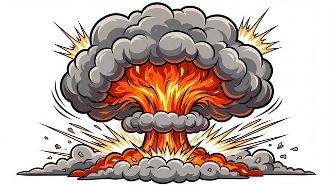 Massive mushroom cloud explosion featuring bright orange flames and thick gray smoke on white background