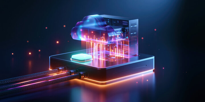 Cloud coding server glowing with colorful data streams in dark futuristic space