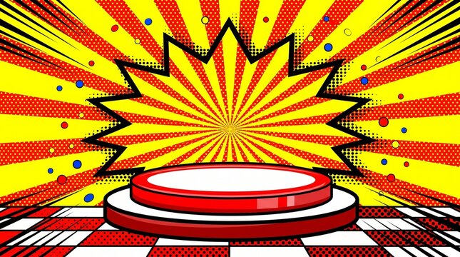 Red and yellow comic book style product display stage with a starburst sunburst background and checkered floor for pop art design presentation